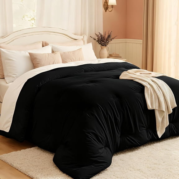 Comforters Oversized King Size, All Season Quilted Bed Comforter, Ultra-Soft Down Alternative Duvet Insert with 4 Tabs, Lightweight Bedding Blanket - Machine Washable, Black