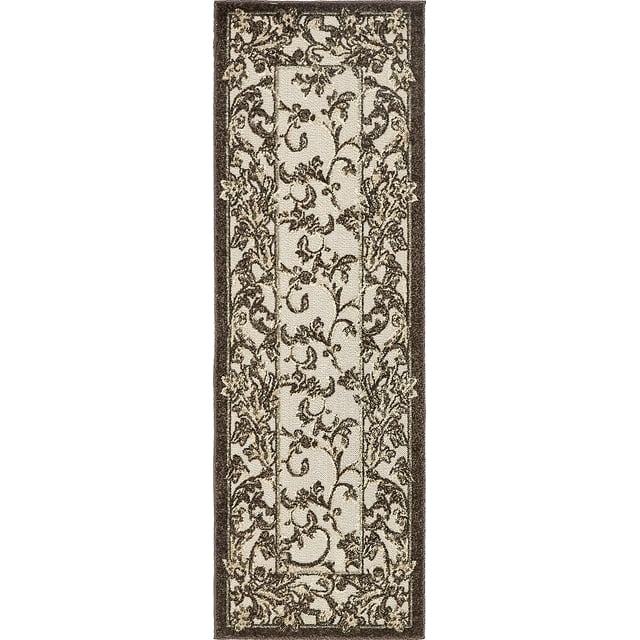 Unique Loom Collection Carved Botanical Border Transitional Indoor and Outdoor Flatweave Runner Rug, 2 x 6 Feet, Beige/Dark Brown