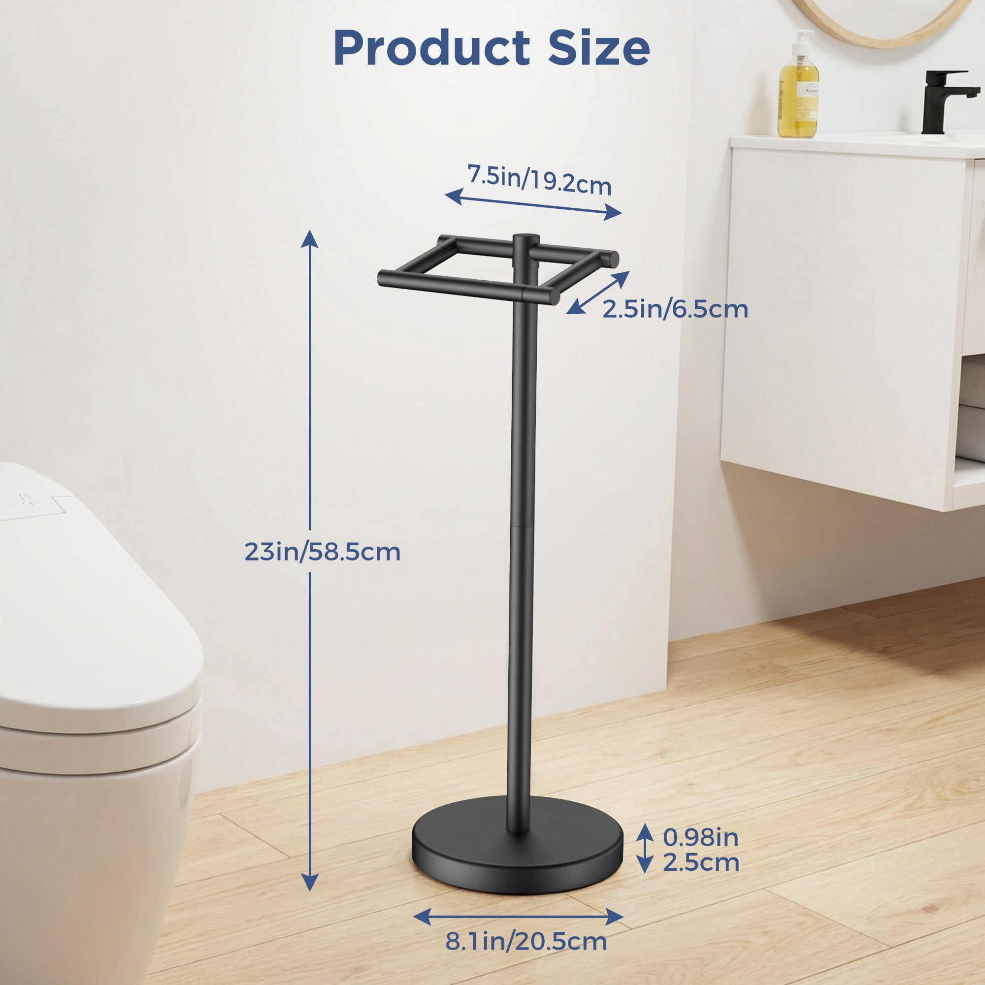 TVOFEK Freestanding Toilet Paper Holder Stand, Toilet Roll Holder Stainless Steel, Post Pivoting Design & Stable Weighted Base, Matte Black