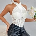 thumbnail image 3 of Ugoldhm Women's Mesh Floral Lace Corset Top - Criss Cross Halter Tie Knot Crop Backless Bustier, 3 of 4