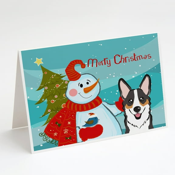Snowman with Tricolor Corgi Greeting Cards and Envelopes Pack of 8