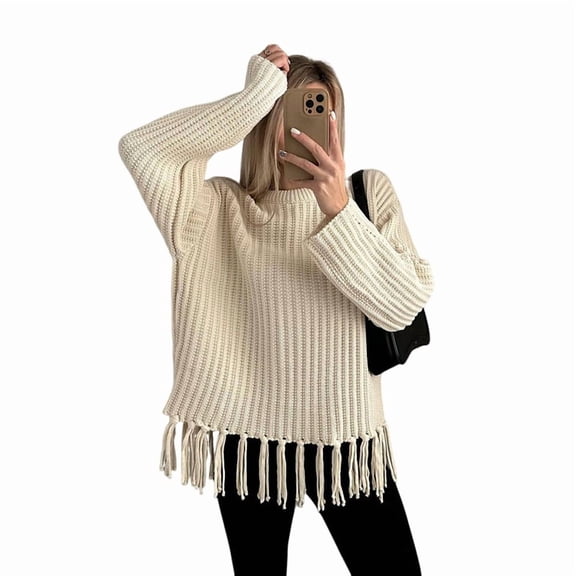 Women'S Tassel Fringe Sweater Long Sleeve Crew Neck Pullover Fall Knitted Tops Color L