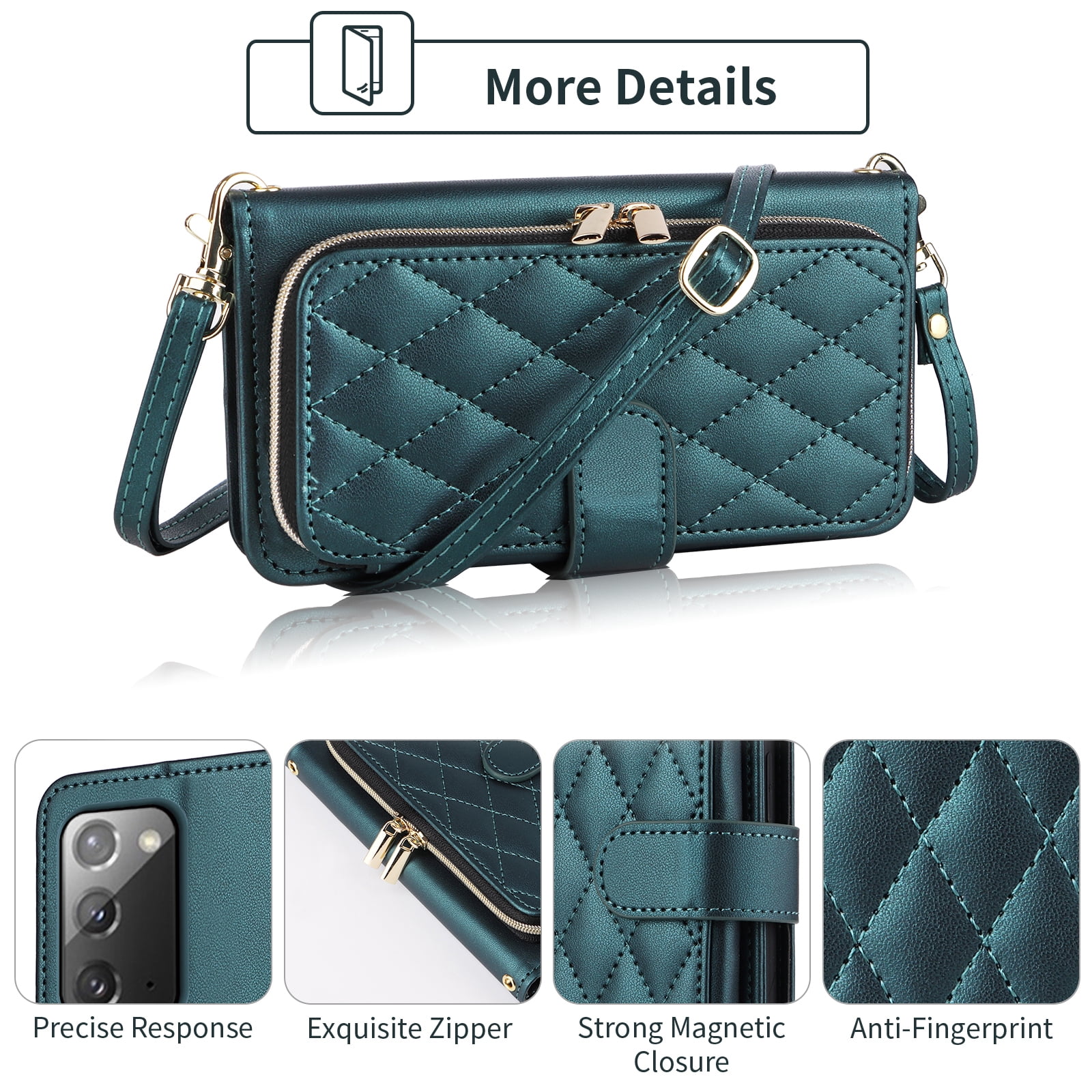Furiet Wallet Case for Samsung Galaxy Note 20 5G with Wrist Strap, Shoulder Strap, Card Slots Zipper Purse, Luxury PU Leather Stand Cell Phone Cover for Note20 Notes 20s Twenty Not S20 Women Green