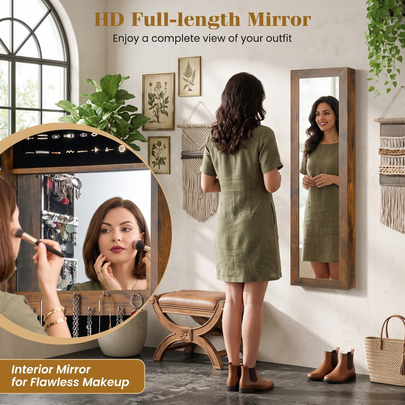 Furnibear Wall and Door Mounted Jewelry Cabinet with Full-Length Mirror, Ring Slots, and Necklace Hooks for Bedroom, Rustic Brown