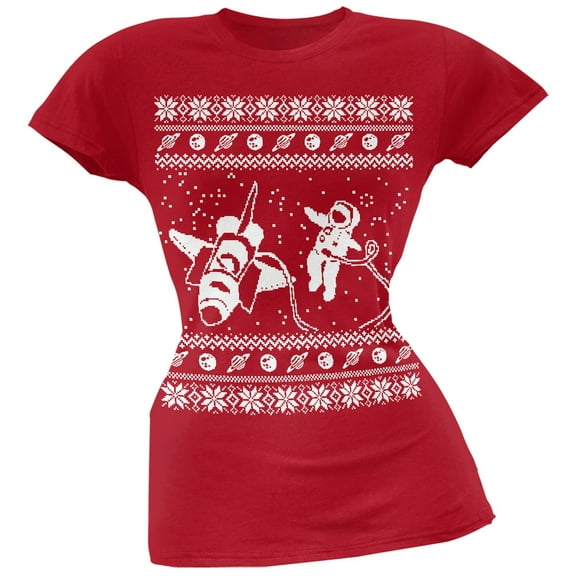 Astronaut in Space Ugly Christmas Sweater Red Soft Juniors T-Shirt - X-Large