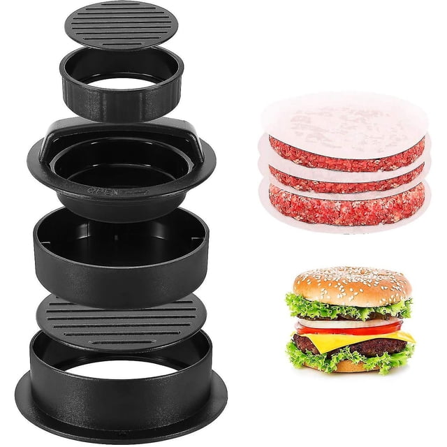 Prensa para hamburguesas 3 en 1 antiadherente, para hamburguesas, hamburguesas, barbacoa, albóndigas y accesorios para asar - Negro