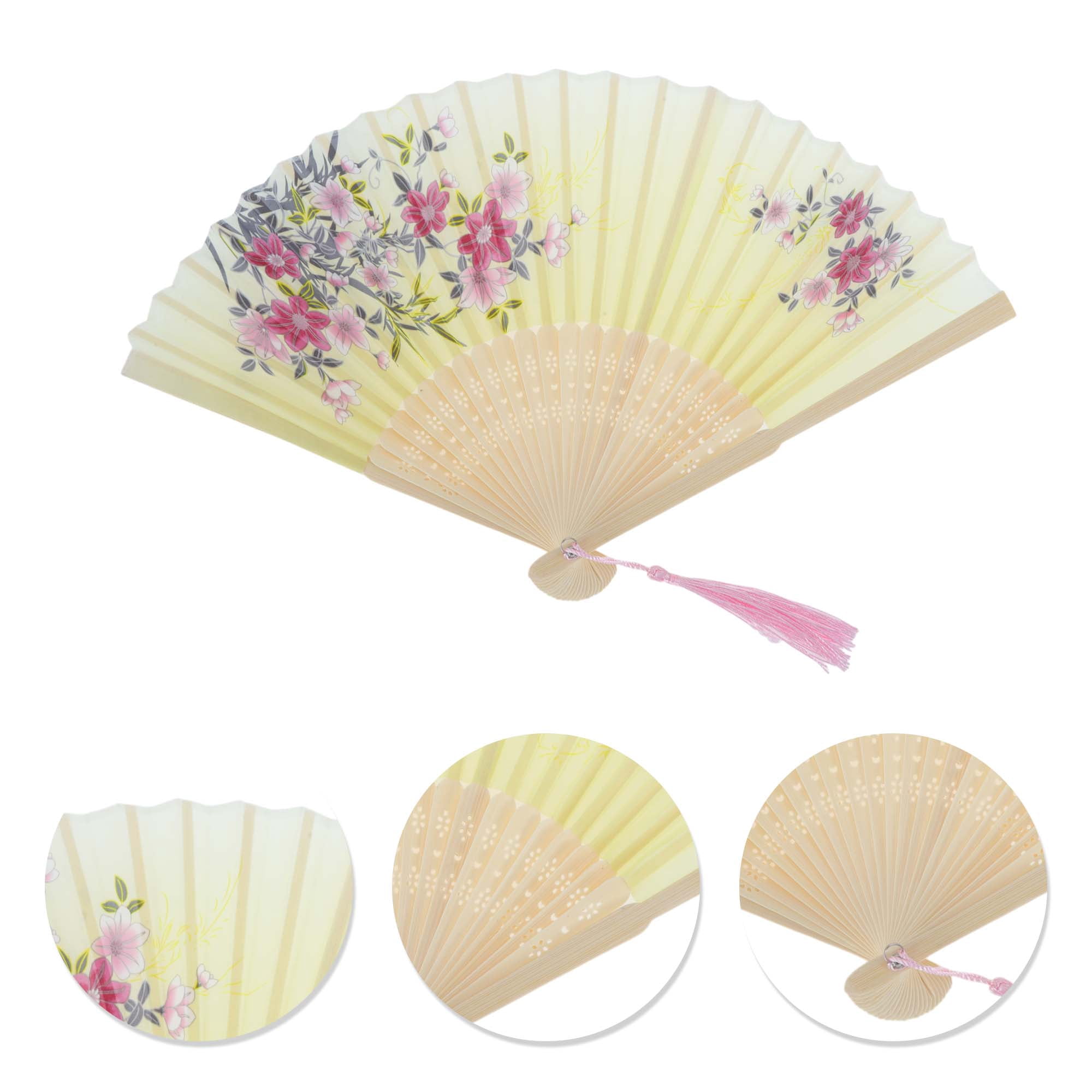 Unique Bargains Ancient Style Folding Fan 1Pc Light Yellow [Floral Beauty Vintage Design]