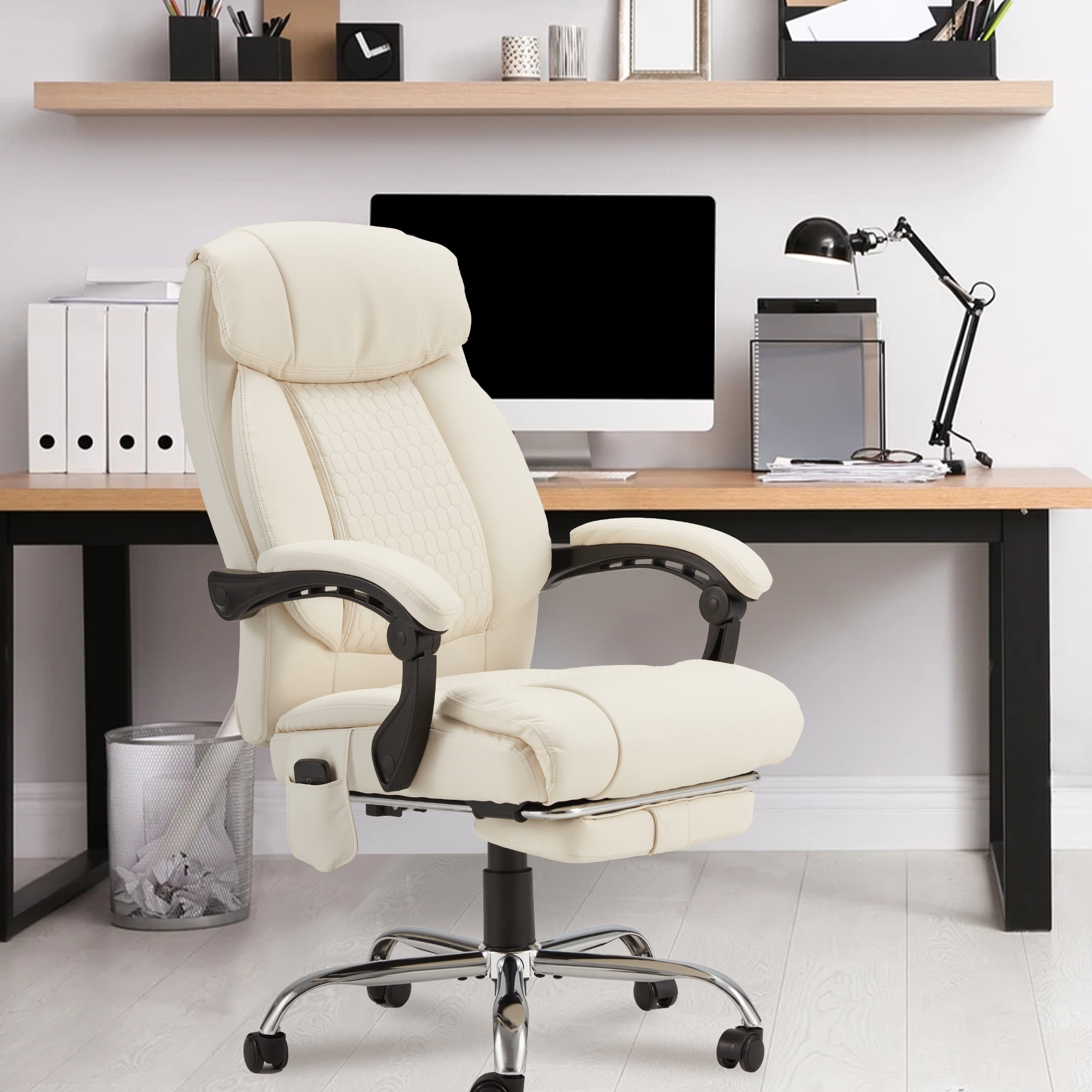 HOMREST  Ergonomic Administrative Office Chair, Heated Massage Lounge Chair with Adjustable Backrest, Foot Pedal, for Home & Office Use, Beige