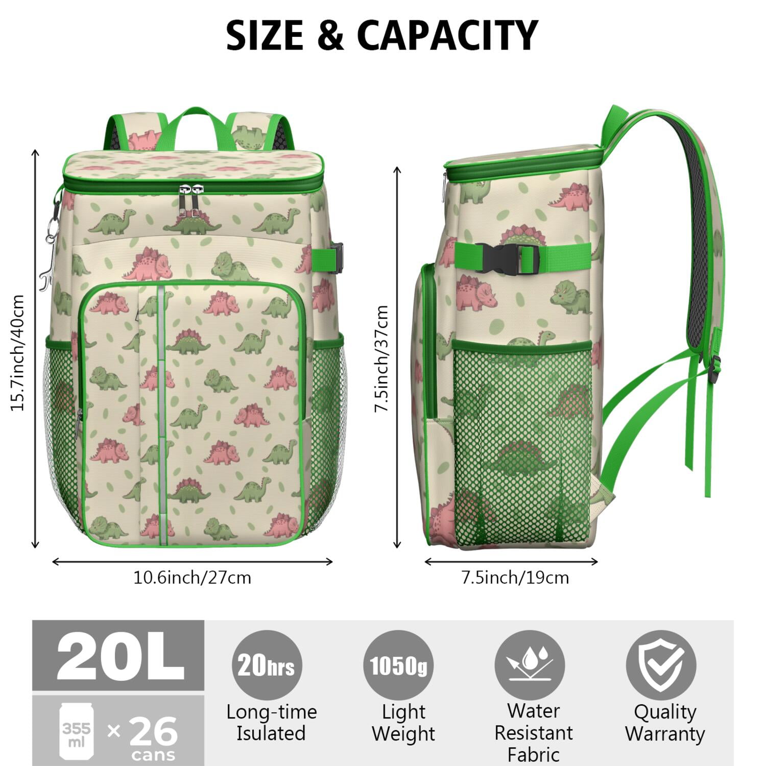 Travel Cooler Bag - Green and Pink Dinosaur Pattern Camping Beer Cooler Backpack with Bottle Opener- Waterproof Insulated Picnic Backpacks - Cooler Bag for Beach