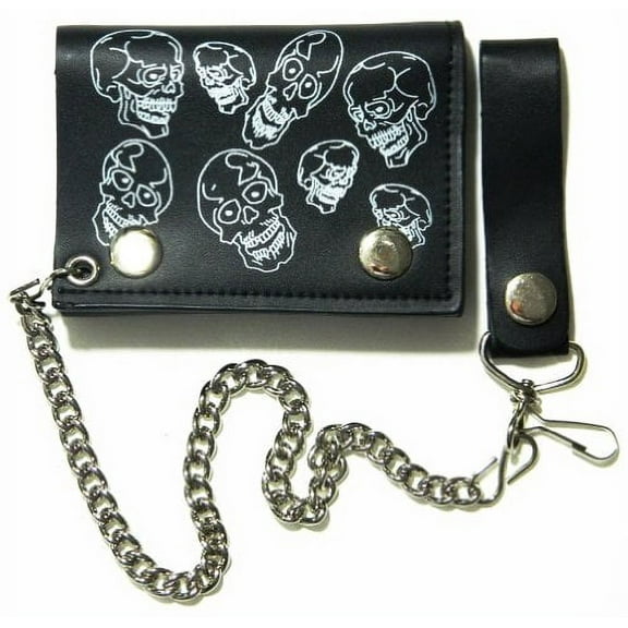 Skulls Design Biker Chain Leather Wallet Tri Fold