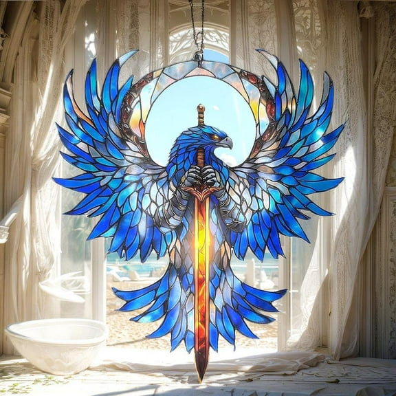 Blue Phoenix Acrylic Suncatcher - Faux Stained Glass Sword Window Hanging, Gothic Fantasy Decor, Warrior Gift For Him