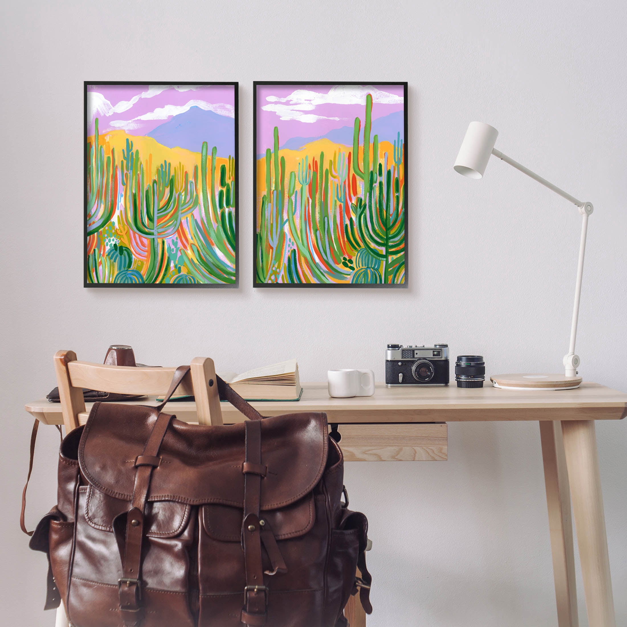 Stupell Industries Contemporary Cactus Desert Sky Painting Black Framed Art Print Wall Art, Set of 2, Design by Laura Marr