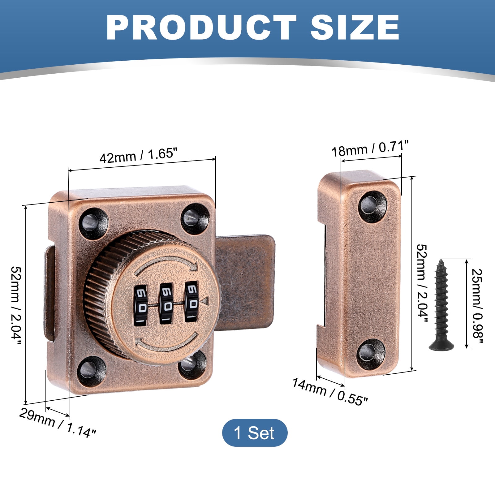 Uxcell Combination Cabinet Latch, 3-Digit Password Cabinet Lock Zinc Alloy Heavy Duty Keyless Safety Door Lock for One-Way Drawer Cupboard, Copper