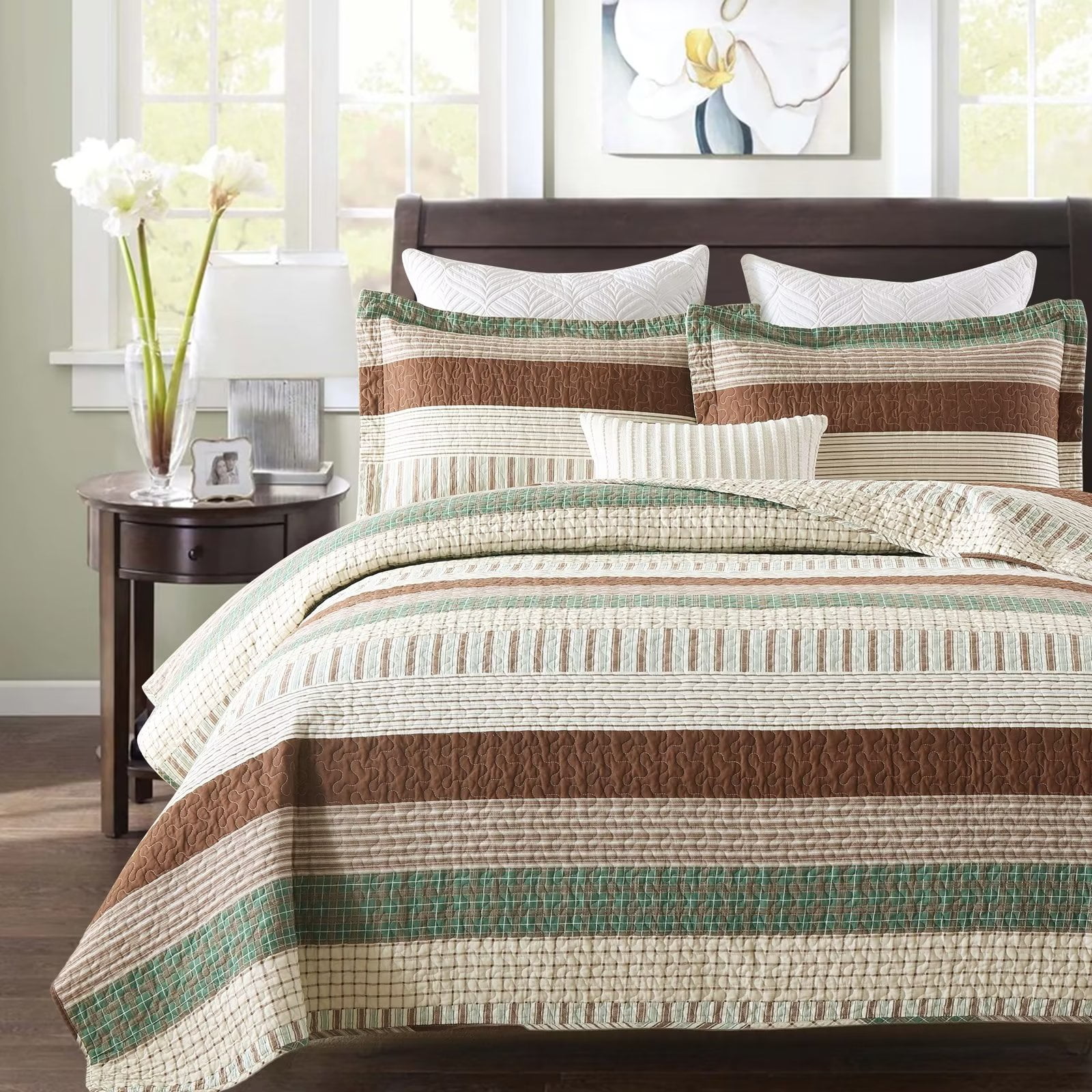 Bedduvit 100 Cotton King Size Quilt Set Brown/White/Green Lightweight Horizontal Striped, 3