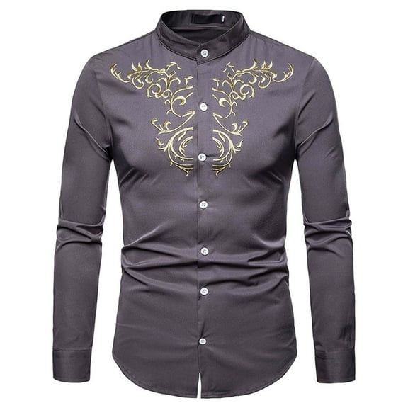 Odeerbi Men Turndown Collar Blouse Shirts Long Sleeve Casual Floral Embroidery Slim Band Collar Dress Shirts Wine