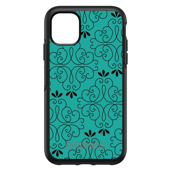 DistinctInk OtterBox Symmetry Custom Case for Apple iPhone 15 (6.1" Screen) - Coral Blue Black Floral Pattern - Raised Bezel Screen Guard