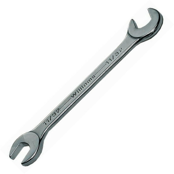 14mm Miniature Double Head 15°/80° Angle-Head Open End Wrench - 5-3/4" Overall Length With Satin Chrome Finish & Thin Heads, Perfect For Tight Clearances. Williams® USA # JHW1114MM