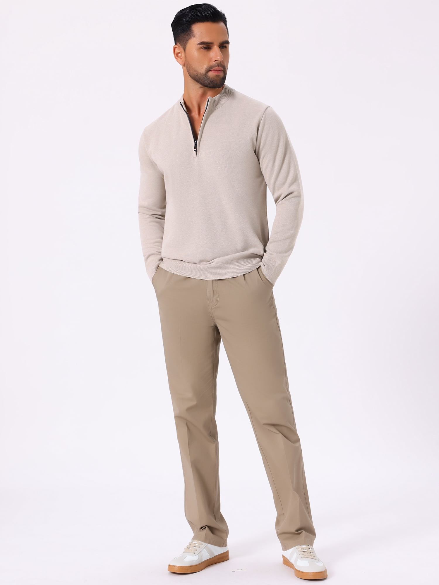 DARING DIVA Men's Mock Neck Pullover Quarter Zip Knitted Polo Sweater L Beige