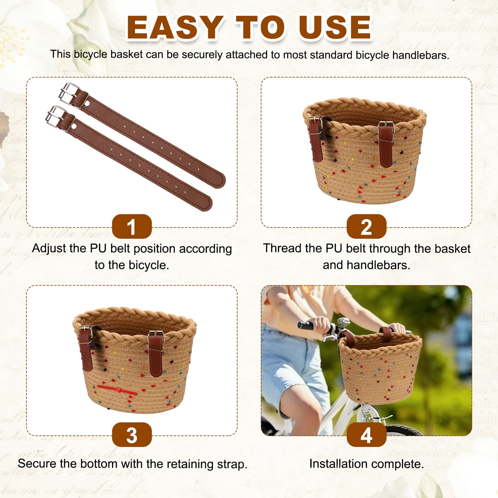 Uxcell Bike Basket, Cotton Rope Bicycle Basket Adjustable Front Baskets with 2 Leather Belt Buckles Unisex Strong Load 8.8 x 6.7 x 6.5" & Khaki-Fitting For(Bikes/Tricycle/Scooters)