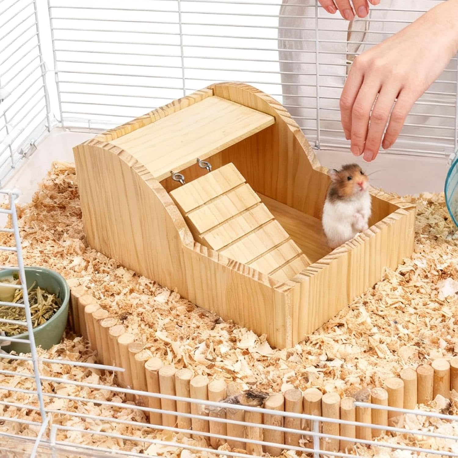 Hamster Sand Bath Container – Wooden Detachable Bathing Box, 5 x 8 x 11.6 Inch for Small Pets Hamsters Gerbils Chinchillas, Cage & Indoor Home Use