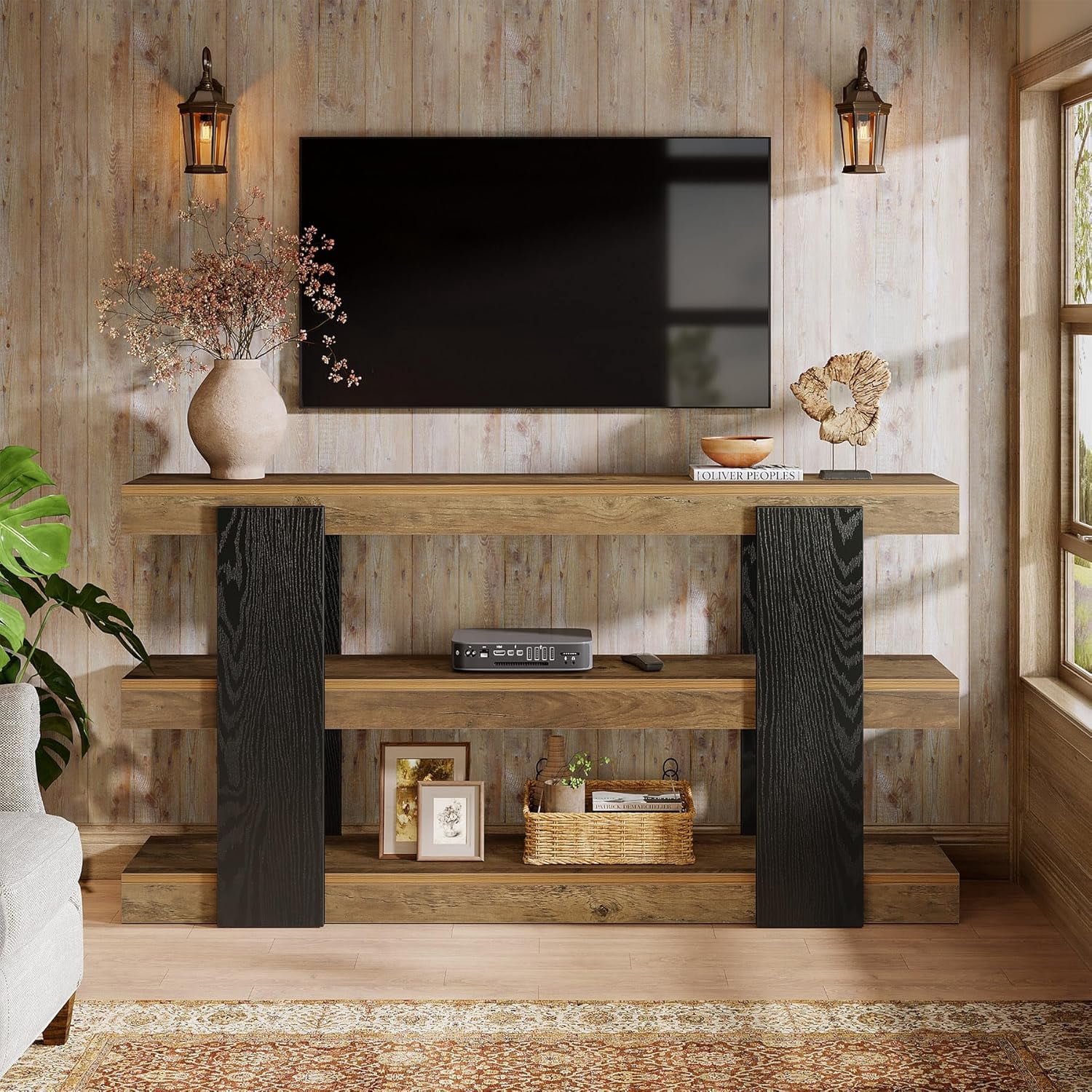 Finmind 63-Inch Farmhouse Console Table, 3-Tier Entryway Table with Storage, Rustic Brown & Black Wood Sofa Table for Living Room, Hallway, Entryway