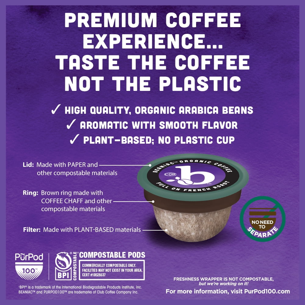 Beaniac Organic Full On French Roast Dark Roast Compostable K-Cup Coffee Pods, 30 Count