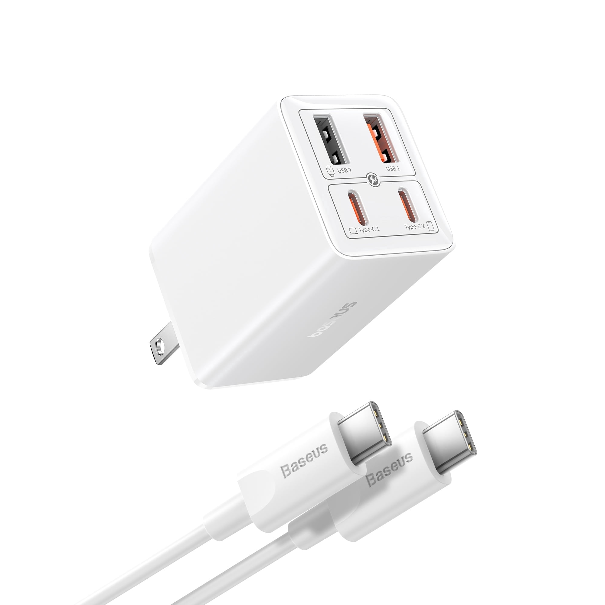 Baseus USB C Charger, 65W Wall Charger with USB C Cable, Fast Charging 4-Port USB Charger, White