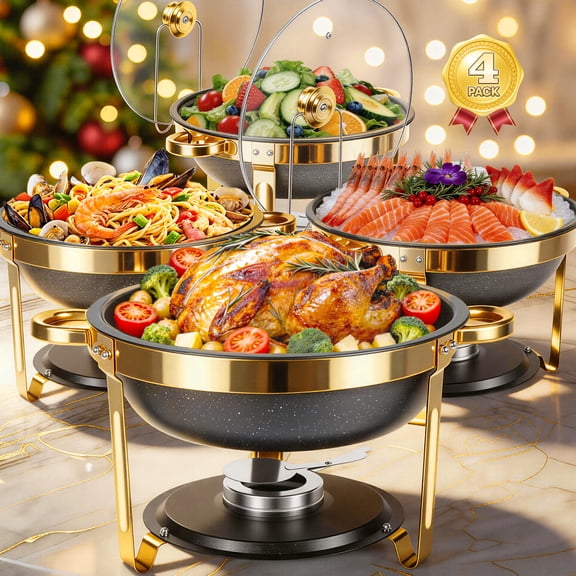 Black Chafing Dishes Buffet Set with Glass Lid (5.3QT, 4Pack), Maifanite-Coated Round Chafing Dish for Buffet Mirror-Polished Stainless Steel, Stackable, Lid Holder for Party, Wedding