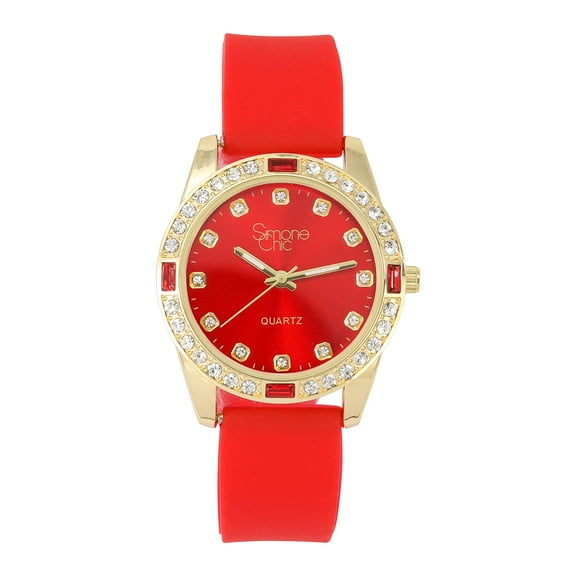Women's Diamond & Gem Pave Fashion Rolly Rubber Band Timepiece - Colorful Dial w/Matching Baguette Bling on Watch Trim - Ladies Be Burnin' w/This Sport Chic Trendy Fashion Accessory - ST10415SB Red