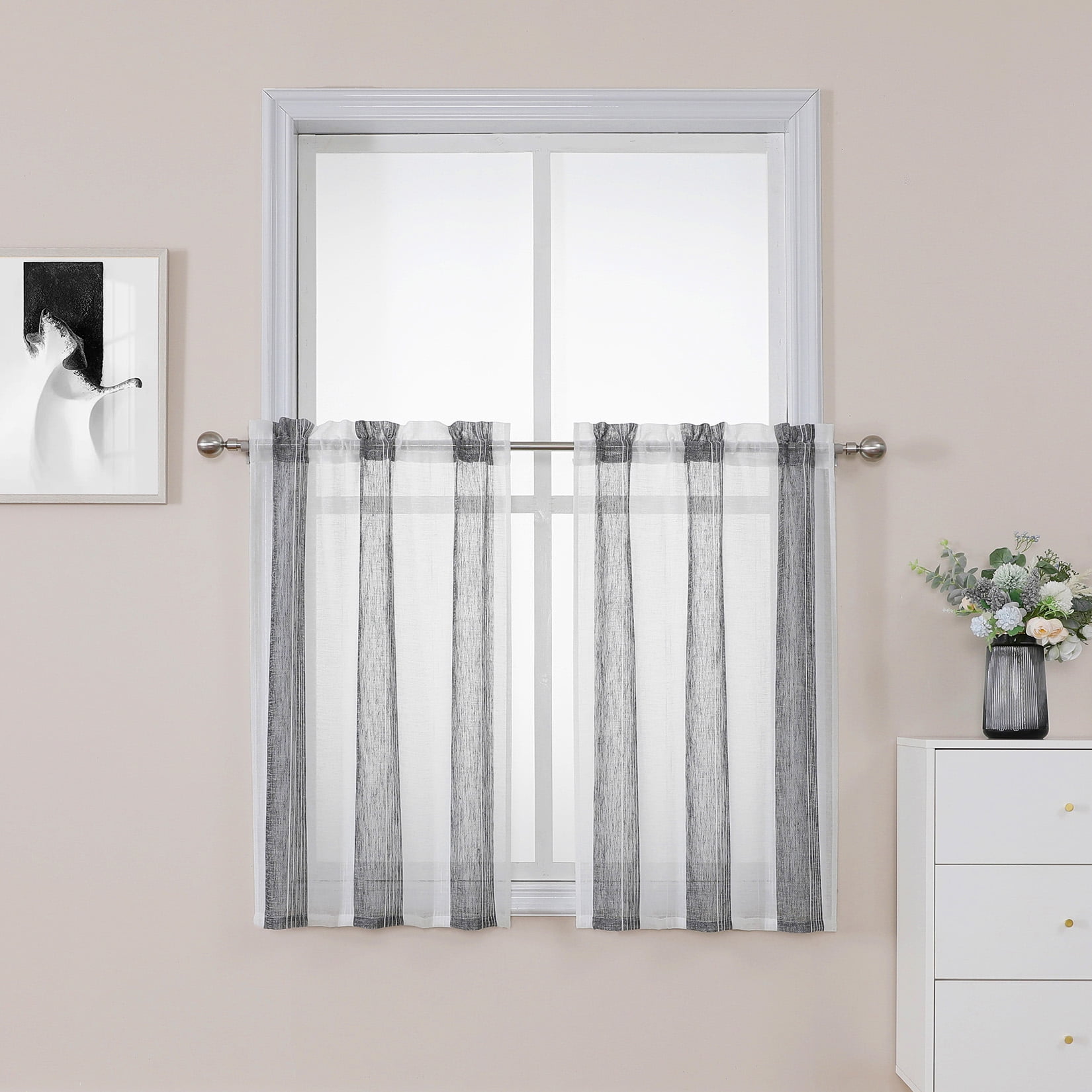 GymChoice Sheer Kitchen Window Curtains,Vertical Striped Design