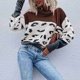 thumbnail image 4 of Suéter de mujer Estampado de leopardo Color de contraste Cuello alto Mangas de hombro caído Suéter Marrón S, 4 of 7