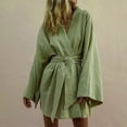 thumbnail image 3 of V-Neck Kimono Cardigan Mini Dress: Cotton Linen, Long Sleeve, Lace Up Robe Style for Summer, 3 of 8