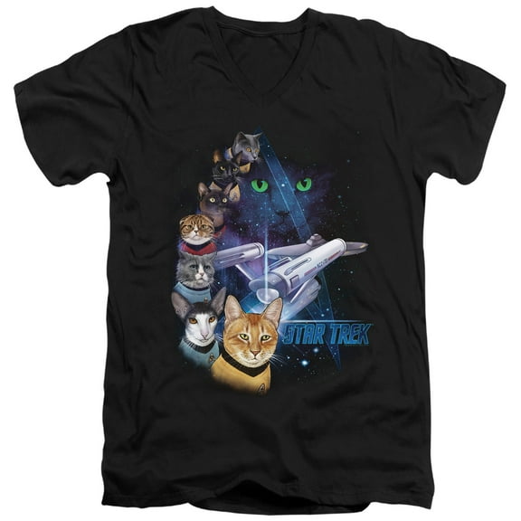 Star Trek Feline Galaxy Adult V-Neck 30/1 T-Shirt Black