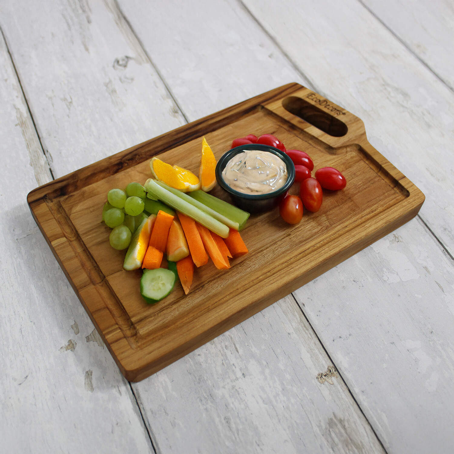 EcoDecors 10x6 Teak Edge Grain Cutting Board with Juice Groove  Handle