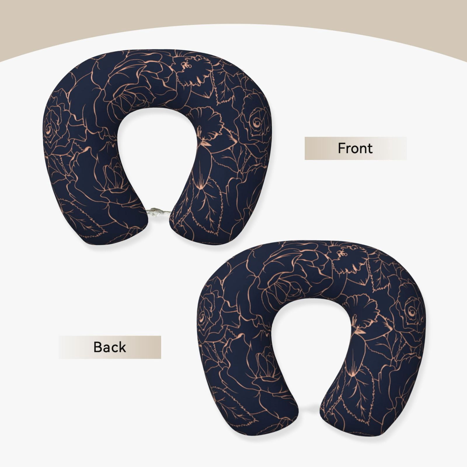 Xecao Copper-Gold Gloss Outline Flower Print Memory Foam Cervical Neck Pillow Versatile U-Shaped Pillows for Home,Office,Camping,Travelling,Soft Washable Cover