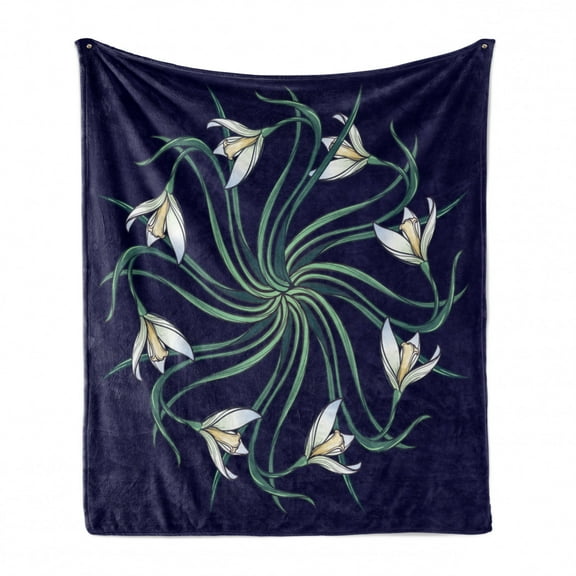 Flower Soft Flannel Fleece Throw Blanket, Art Nouveau Floral Design on Indigo Background Nature Theme, Cozy Plush for Indoor and Outdoor Use, 70" x 90", Indigo Pale Green, by Ambesonne