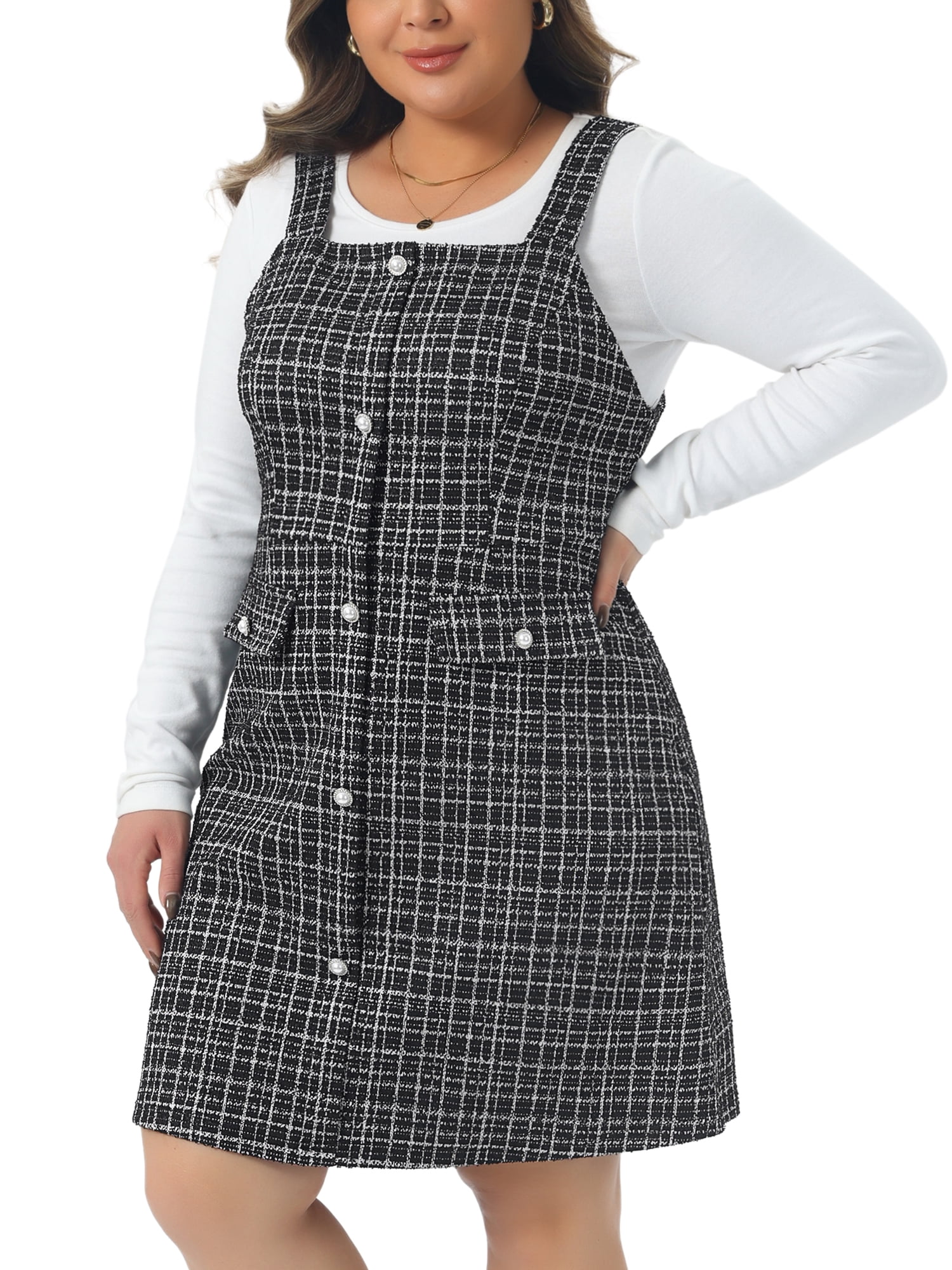 DARING DIVA Plus Size High Waist Tweed Single Breasted Overall Dress 1X Black White