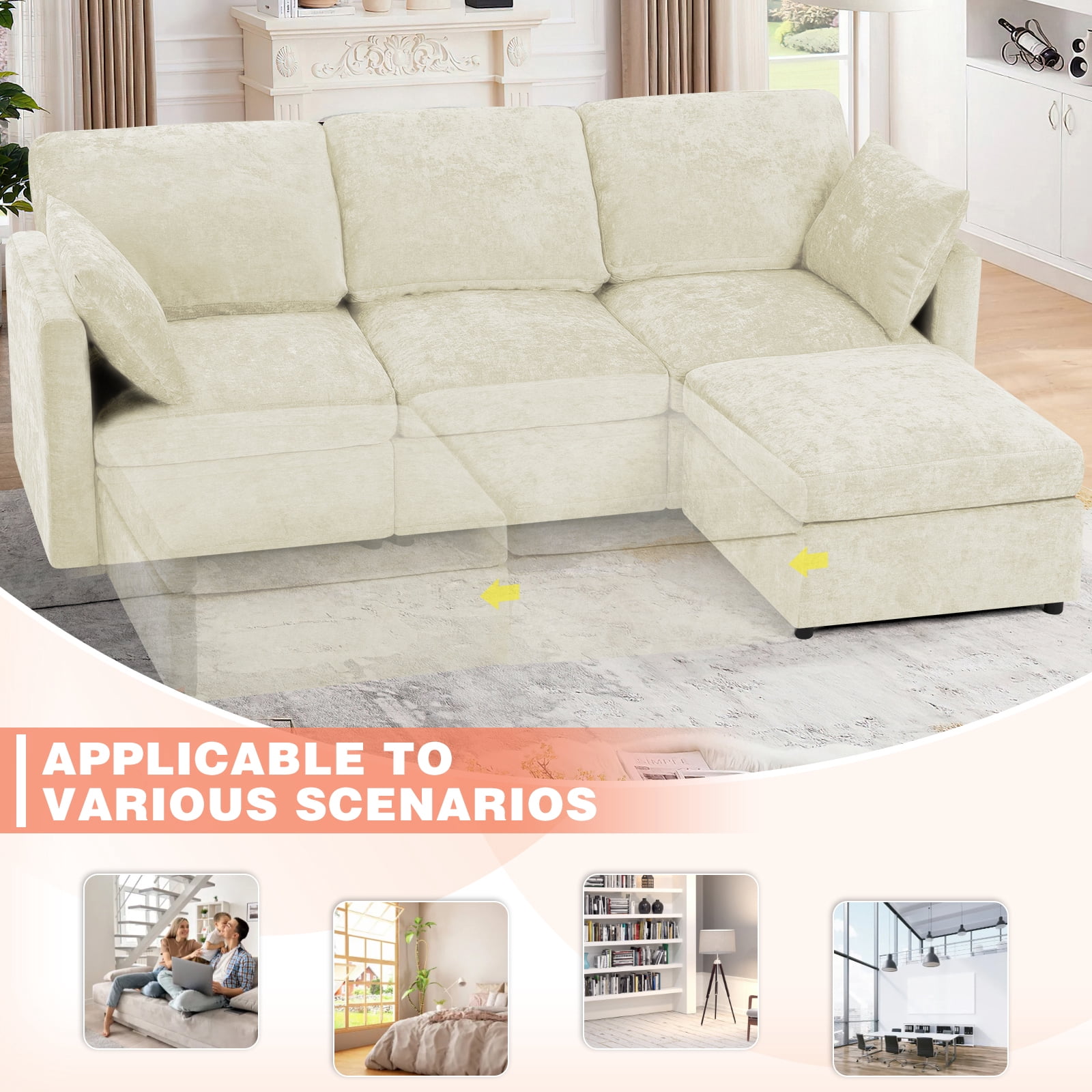 ACMEASE 84” Chenille 3 Seats Sofa W/Movable Ottoman, Modern Fabric L-Shaped Couch with Soft Backrest, Upholstered Sectional Sofa with Armrest Pillows for Living Room, Office, Beige