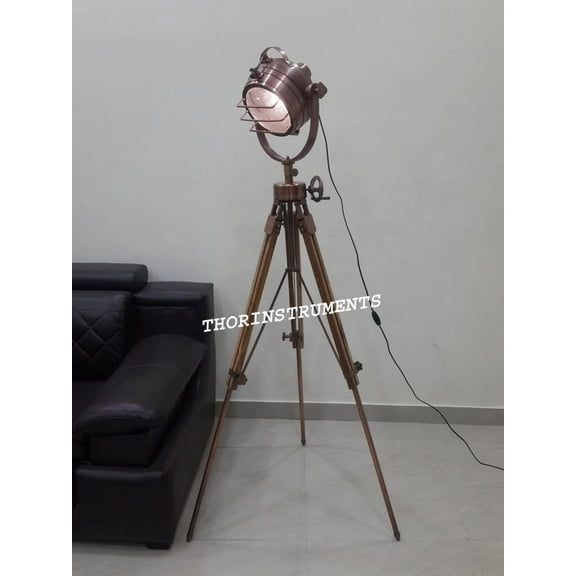 Classic Vintage Tripod Floor Lamp Nautical Copper Searchlight With Stand