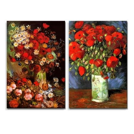 Famous Oil Painting Reproduction Replica Set of 2 Vase with Poppies Cornflowers Peonies and Chrysanthemums Red Poppies by Van Gogh ped - Canvas Art Wall Decor - 16