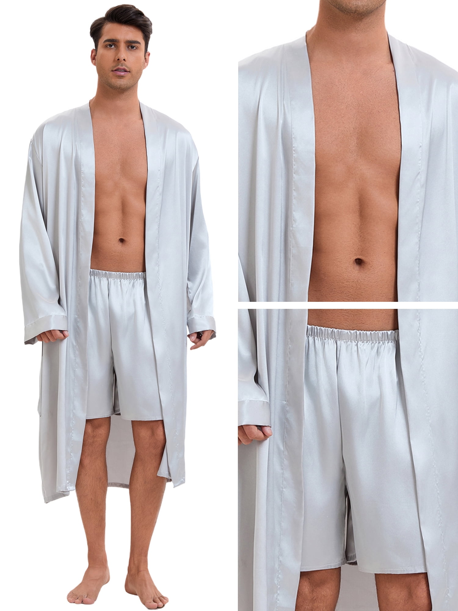 DARING DIVA Men's Long Sleeve Kimono Bathrobe Sleepwear with Shorts Set L Silver