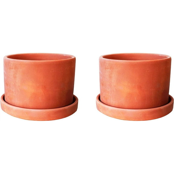 U.S.Sourcing Inc. Set of 2 Terracotta Round Fat Walled Garden Planters with Individual Trays, 2 SIZES AVILABLE 4.6 "h x 6.75" dia