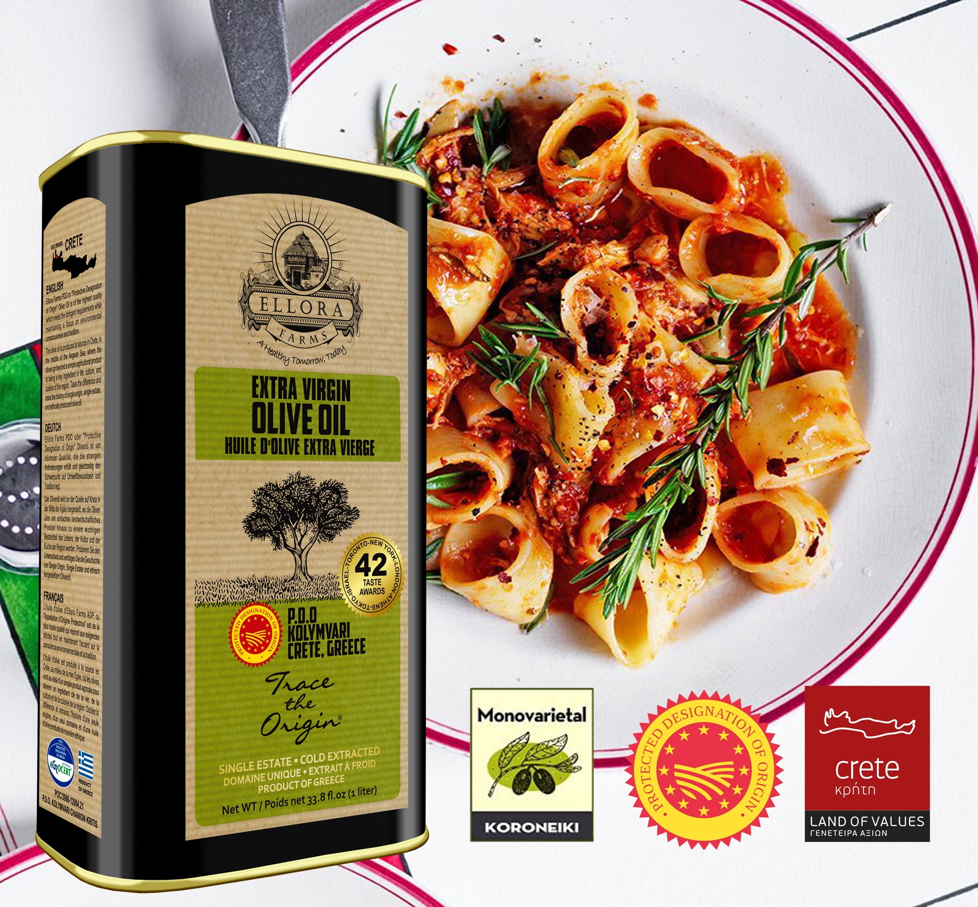 Ellora Farms Extra Virgin Olive Oil, Greek Single Estate PDO, Global Gold Award, Kosher, 2 x 33.8 oz