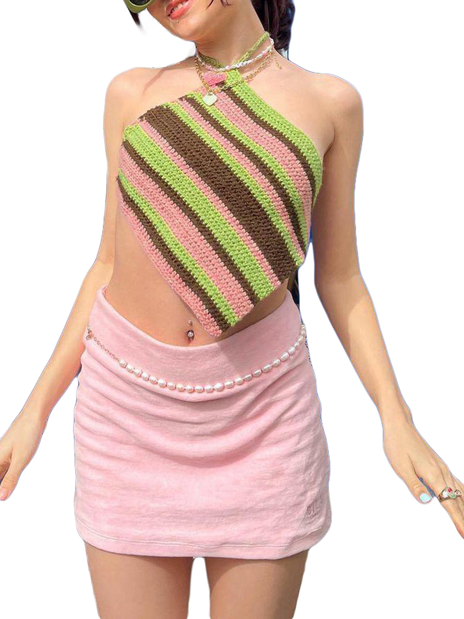 Vintage Y2K Pink Coral Beaded Knit Crochet V-neck Semi Sheer Halter Cami Tank Top Size Medium