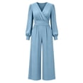 thumbnail image 4 of Sunnin Womens Jumpsuit Solid Color V Neck Long Sleeve Zip Pleated Waist Wide Leg Lounge Wear, 4 of 6