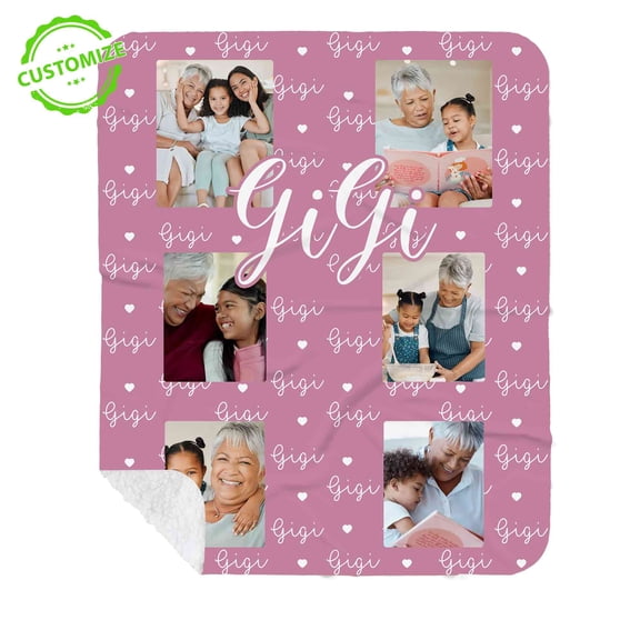 Customizaholic Personalized Gigi Photo Blanket – Custom Name & Pictures – Heart Pattern Design – Meaningful Gift for Gigi, Birthday, Mother’s Day or Holidays