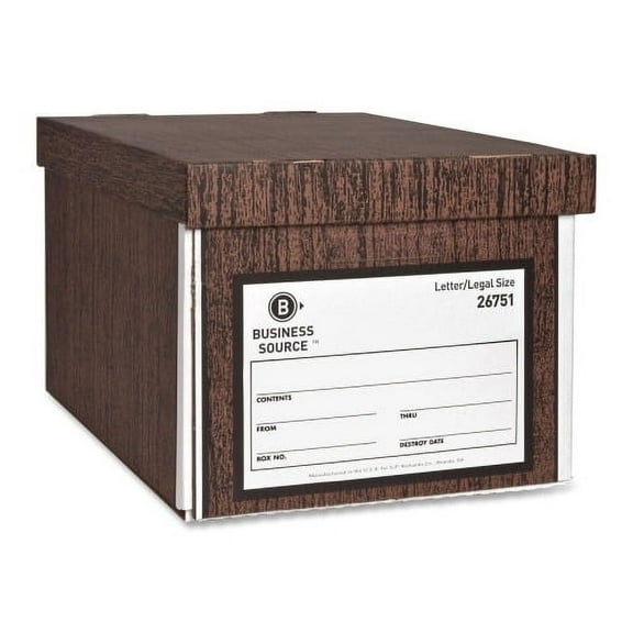 Business Source Economy Medium-duty Storage Boxes External Dimensions: 10" Width x 12" Depth x 15"Height - Media Size Supported: Legal, Letter - Lift-off Closure - Medium Duty - Stackable - Cardboard