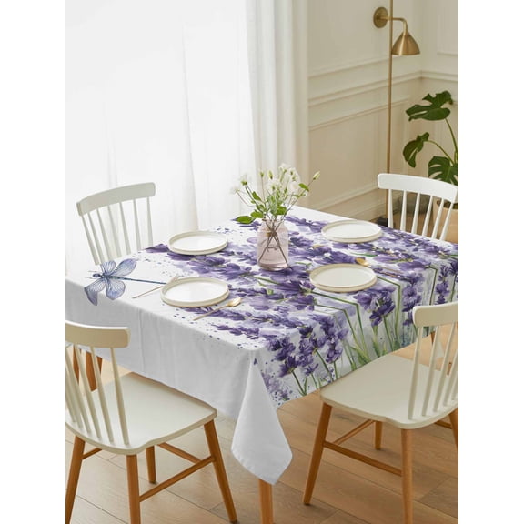 Purple Lavender Tablecloth Rectangle Table Cloth 60x84, Waterproof Tablecloth Outdoor Table Cloth, Pastoral Botanical Floral Dragonfly Washable Table Cover for Kitchen Dinning Party
