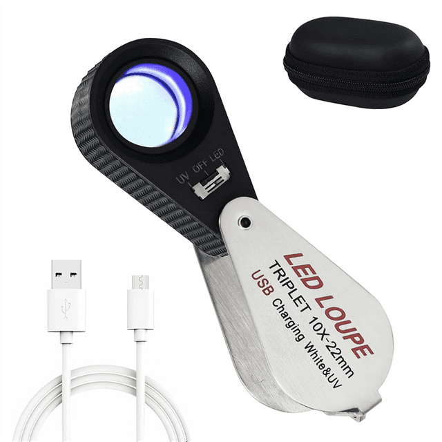 Lupa de Joyero 10x con Luces LED y Ultravioleta, Lupa Recargable 10x, Lupa de Joyería con Lente Triplete de Vidrio Óptico de 22 mm