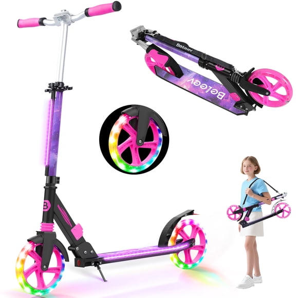 BELEEV Scooters for Kids Ages 6+ with Light-Up Deck, 2 Wheel Folding Scooter for Adults Teens, 4 Adjustable Height, Lightweight Sport Commuter Scooter, Galaxy Purple